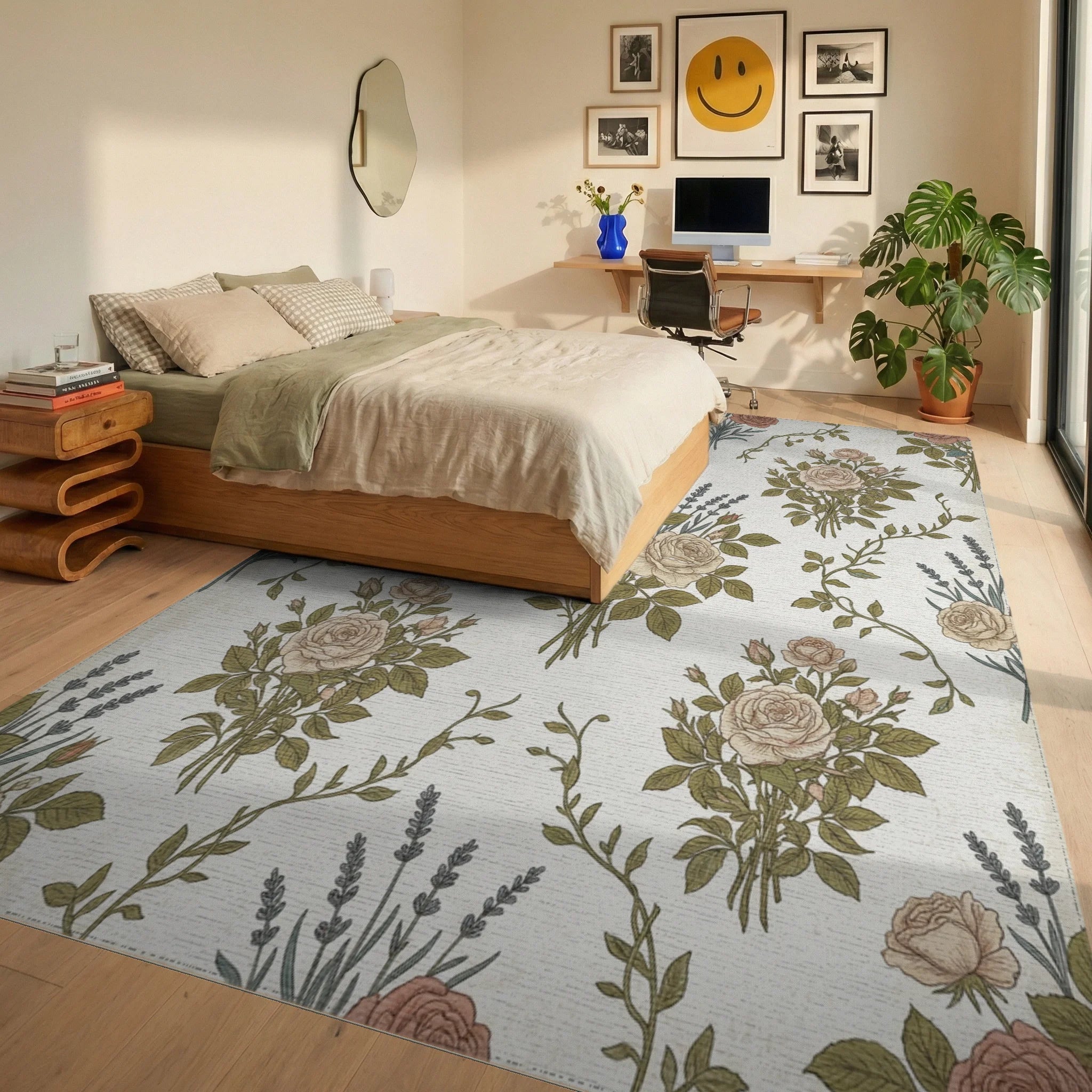 Vintage Rose Lavender Bouquet Rug Bedroom View