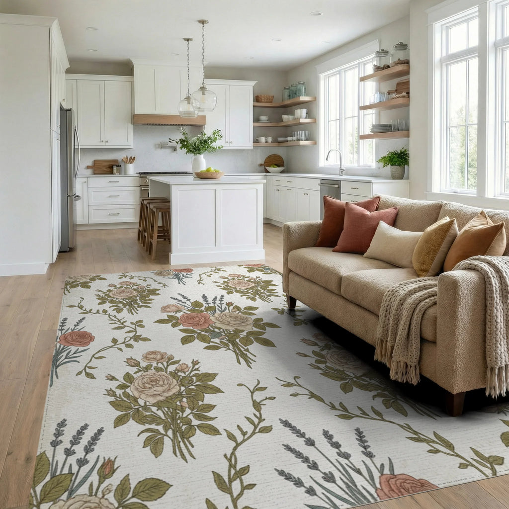 Vintage Rose Lavender Bouquet Rug Living Room View