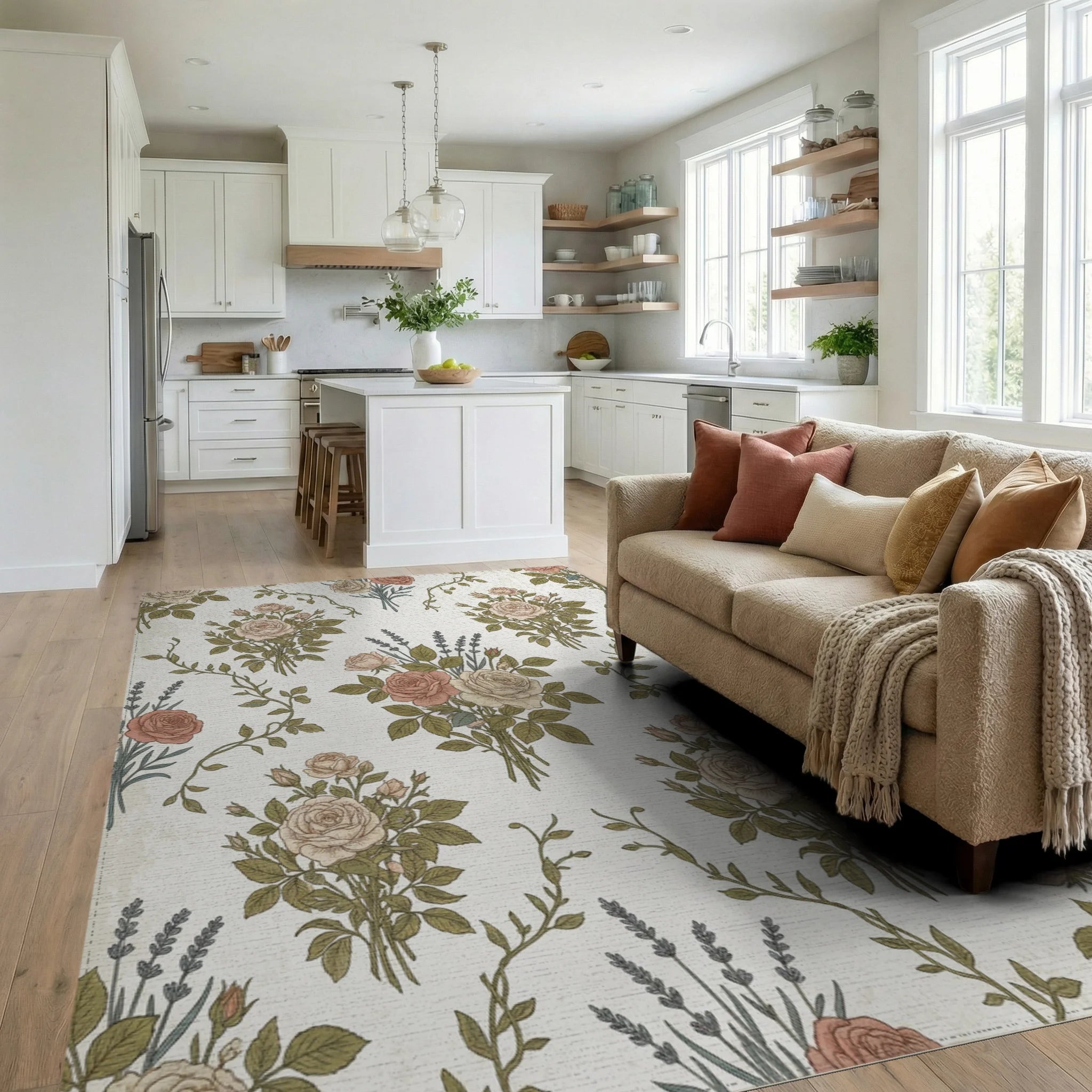 Vintage Rose Lavender Bouquet Rug Living Room View