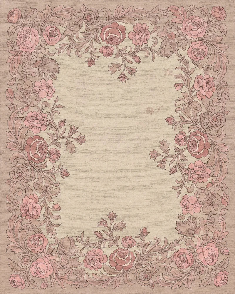 Vintage Rose Scrollwork Floral Border Rug - Cutout View
