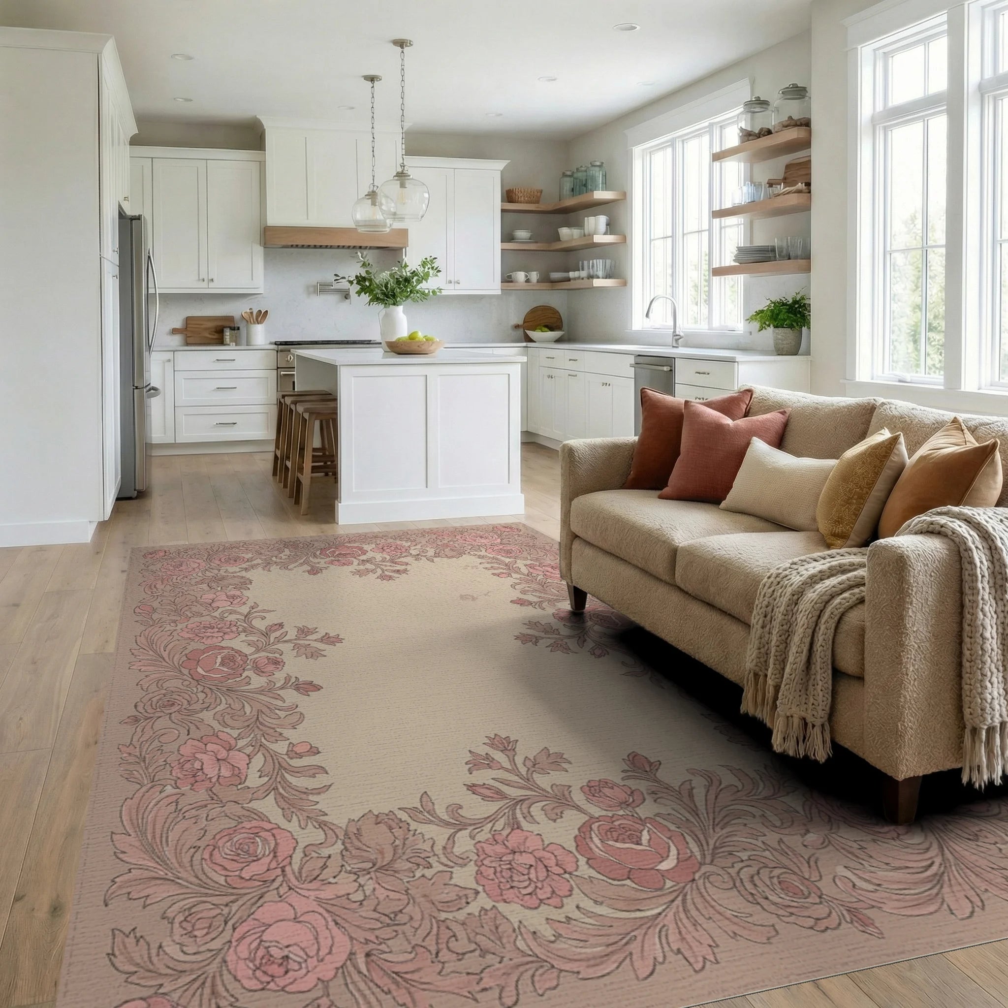 Vintage Rose Scrollwork Floral Border Rug Living Room View