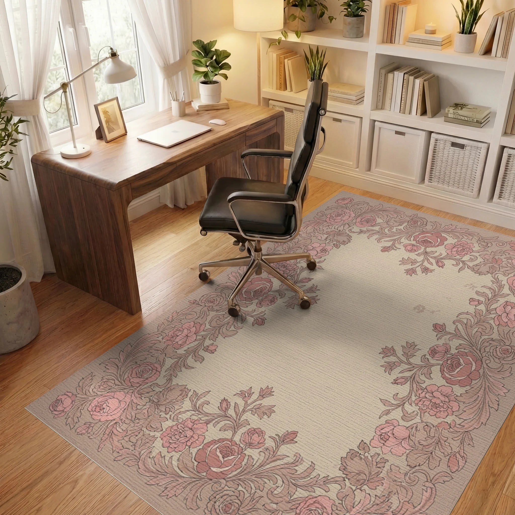 Vintage Rose Scrollwork Floral Border Rug Office View