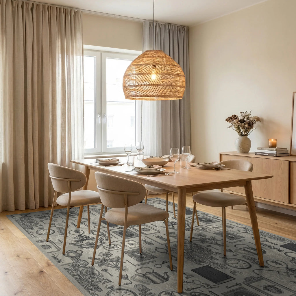 Vintage Scientific Curiosities Entomology Botanical Rug Dining Room View