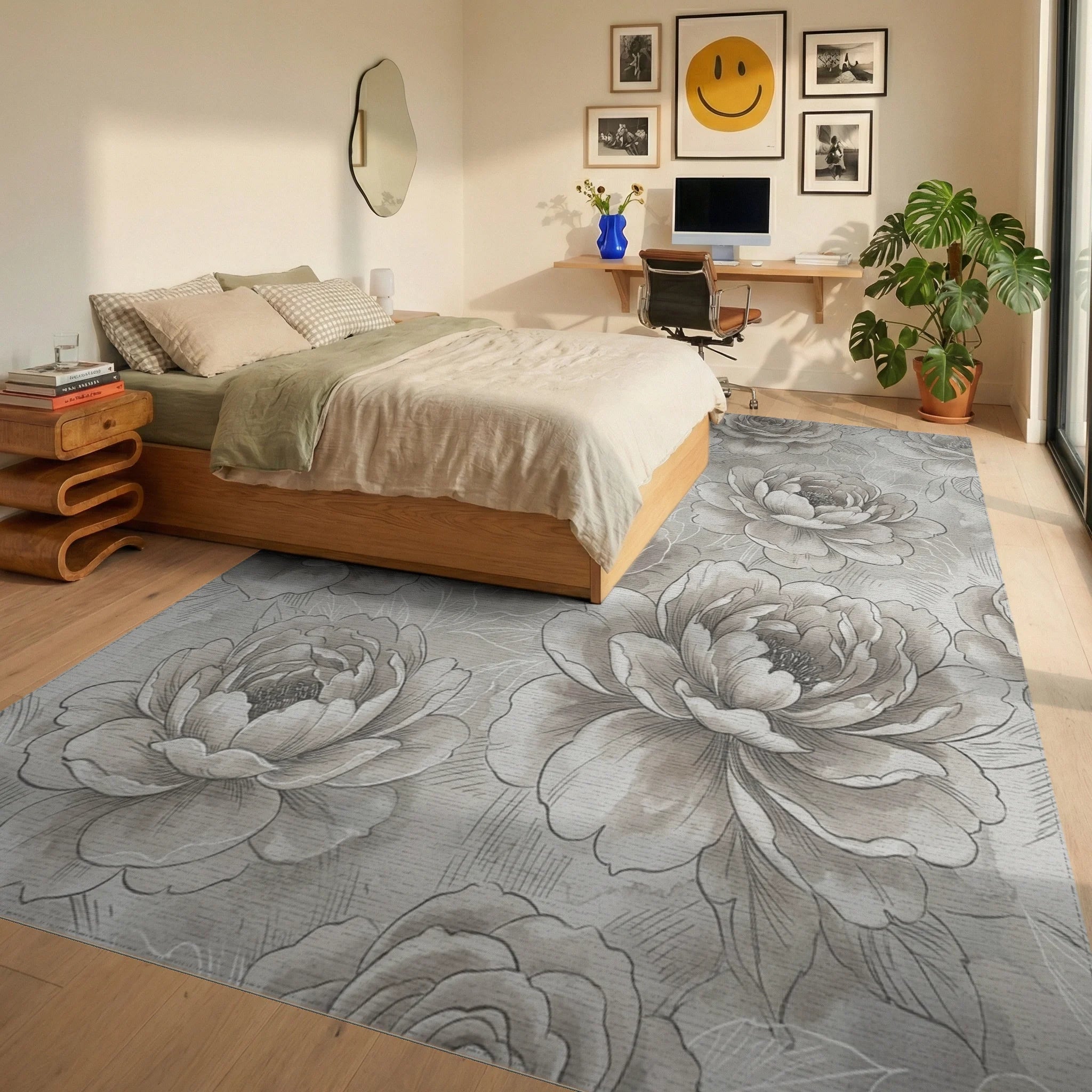 Vintage Sepia Tone Floral Watercolor Rug Bedroom View