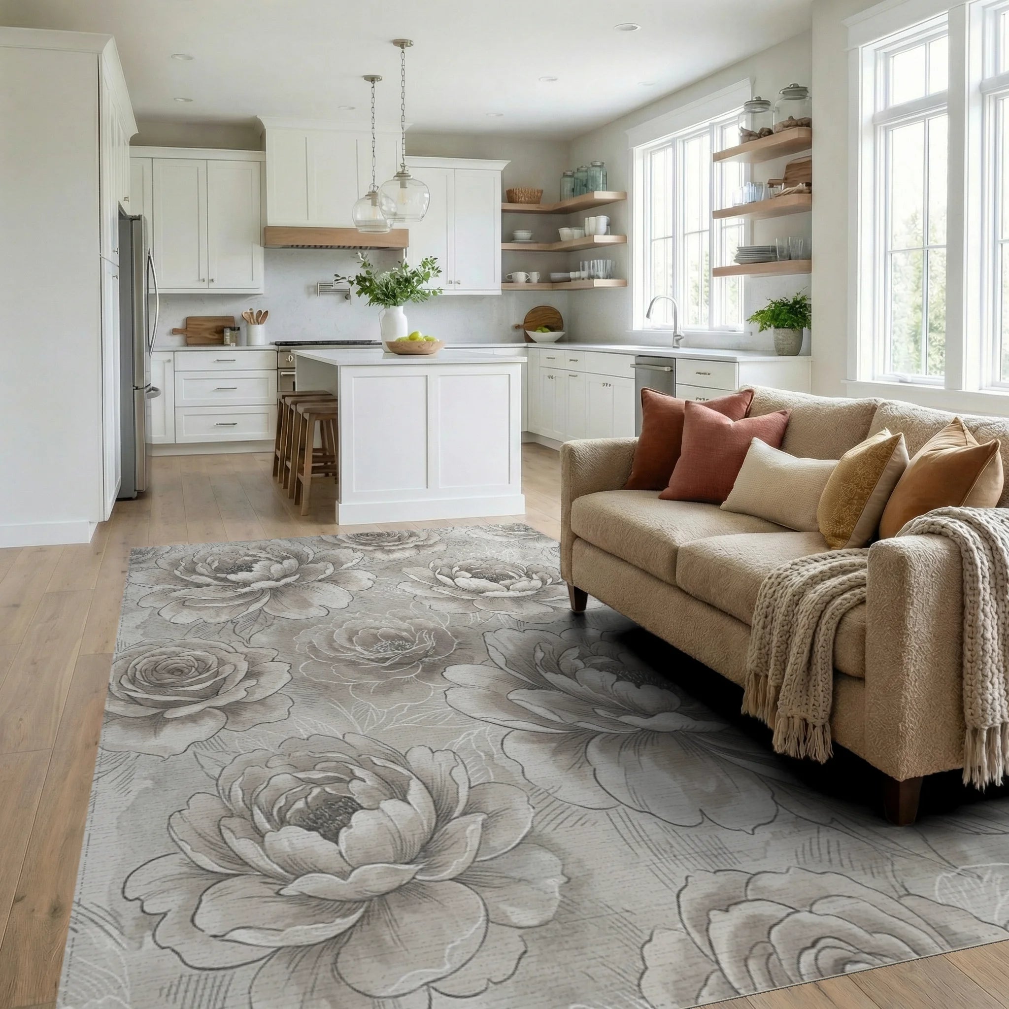 Vintage Sepia Tone Floral Watercolor Rug Living Room View