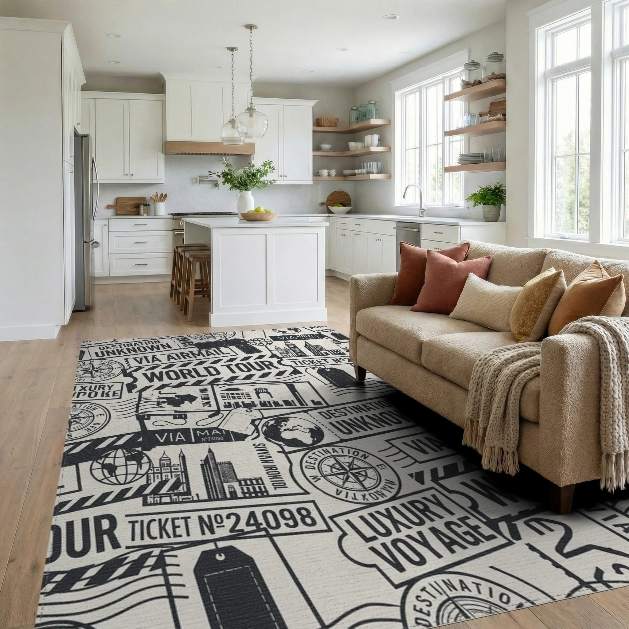 Vintage Stamp Collage World Tour Rug Living Room View