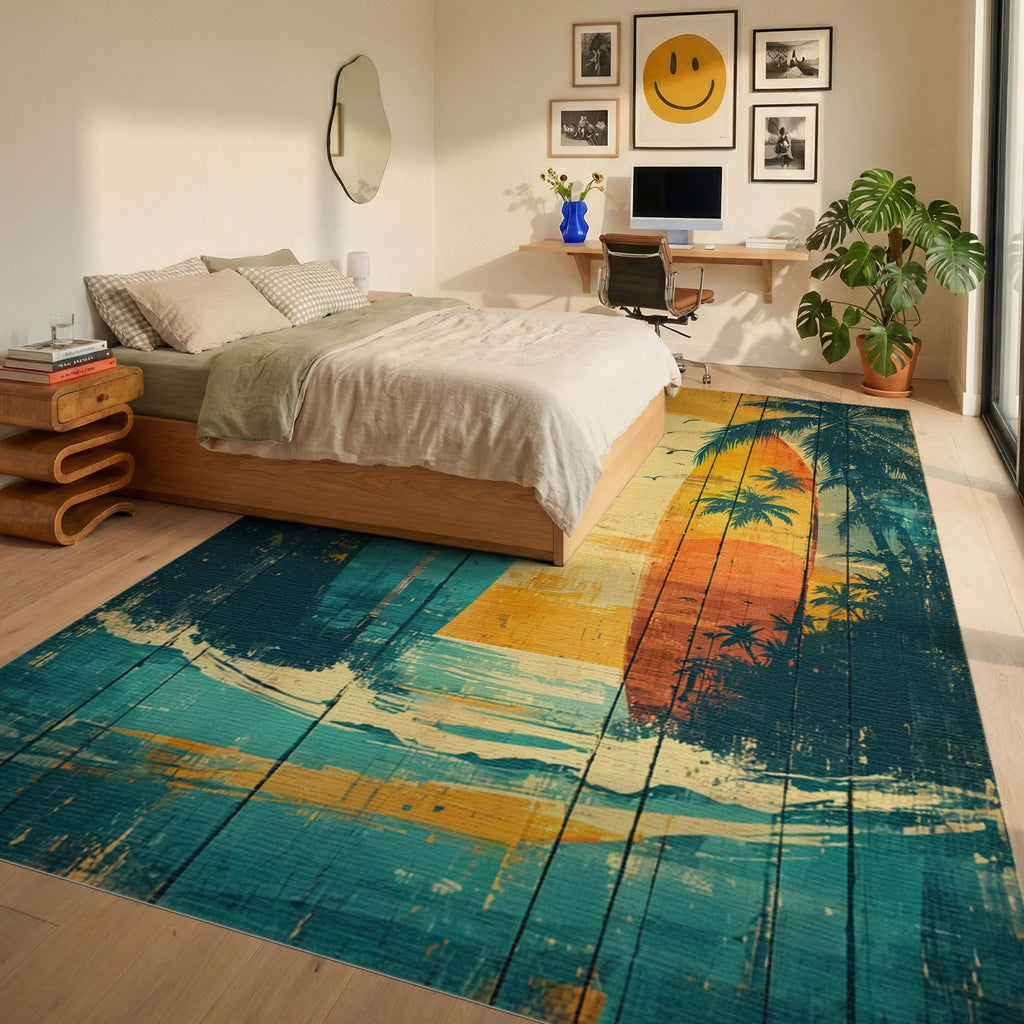 Vintage Surfboard Coastal Beach Scene Rug Bedroom View