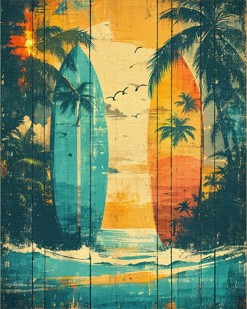 Vintage Surfboard Coastal Beach Scene Rug - Cutout View