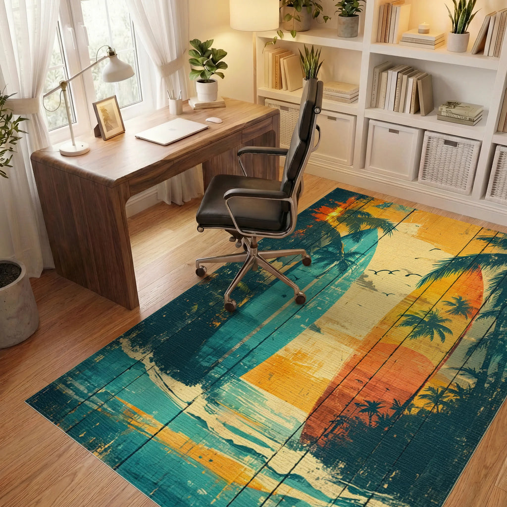 Vintage Surfboard Coastal Beach Scene Rug Office View