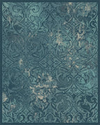 Vintage Teal Damask Accented Rug - Cutout View