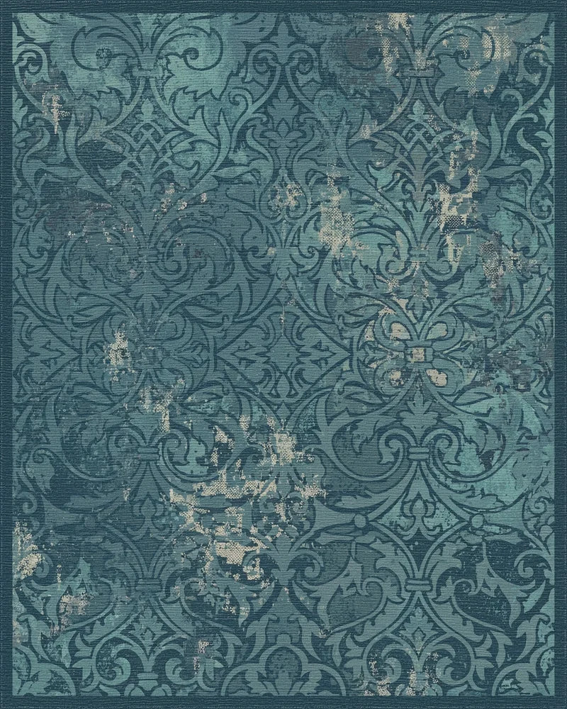 Vintage Teal Damask Accented Rug - Cutout View