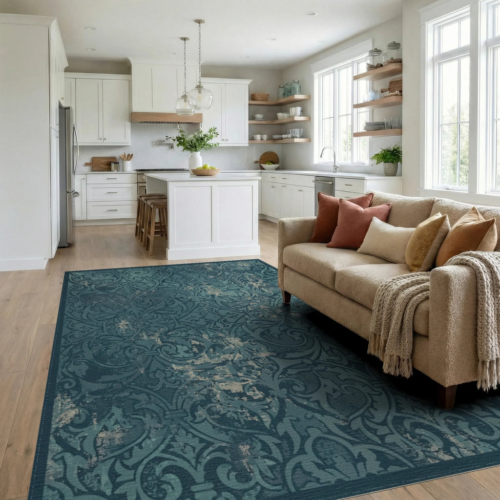 Vintage Teal Damask Accented Rug Living Room View