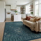 Vintage Teal Damask Accented Rug Living Room View