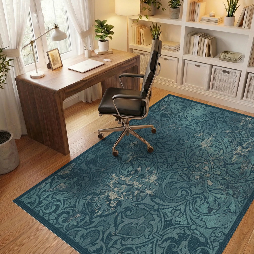 Vintage Teal Damask Accented Rug Office View