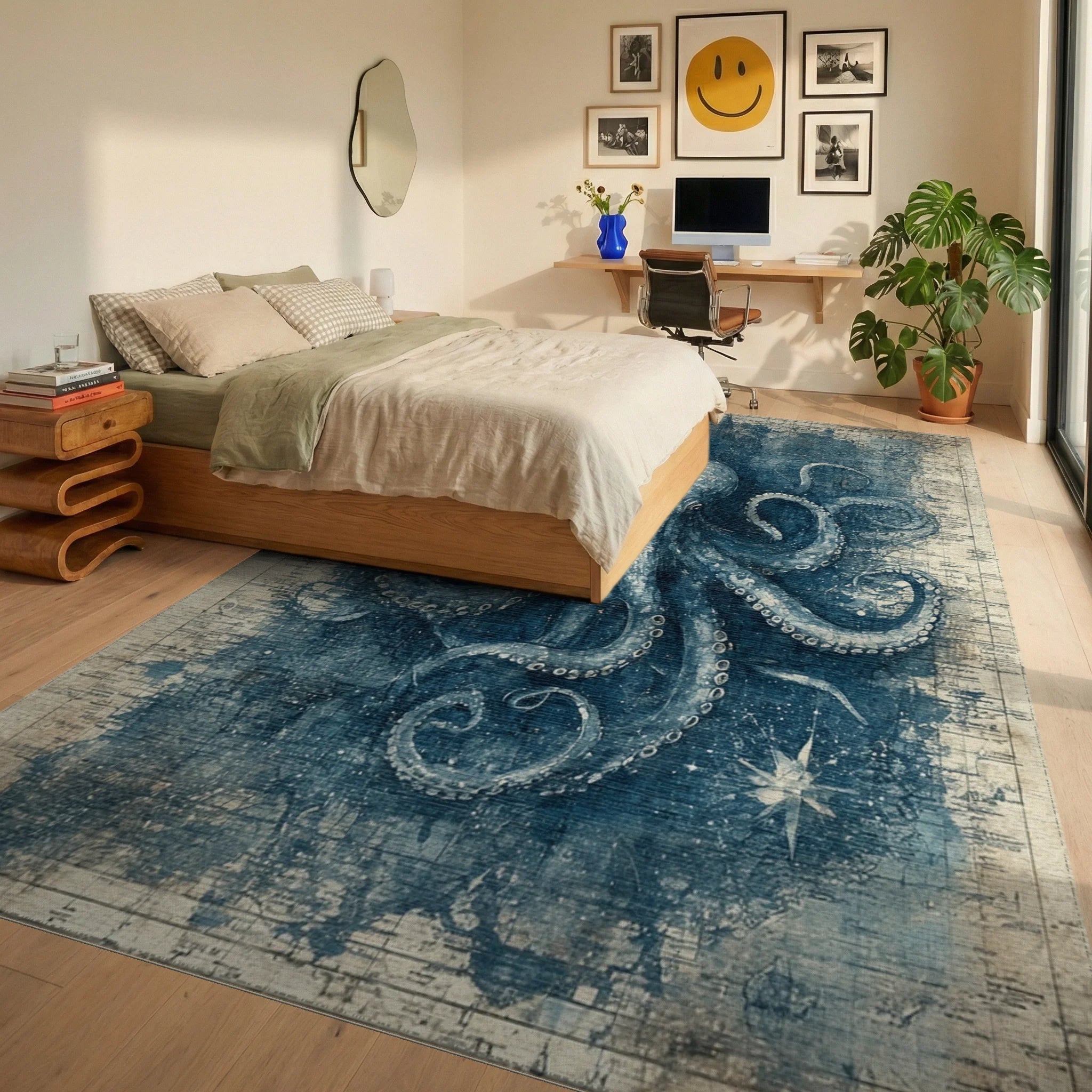 Vintage Teal Octopus Map Rug Bedroom View
