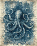 Vintage Teal Octopus Map Rug - Cutout View