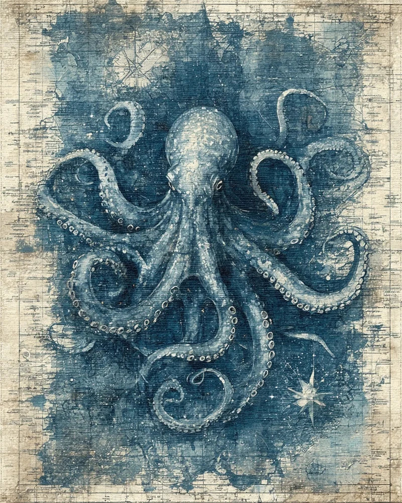 Vintage Teal Octopus Map Rug - Cutout View