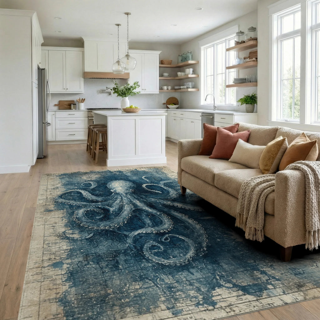 Vintage Teal Octopus Map Rug Living Room View