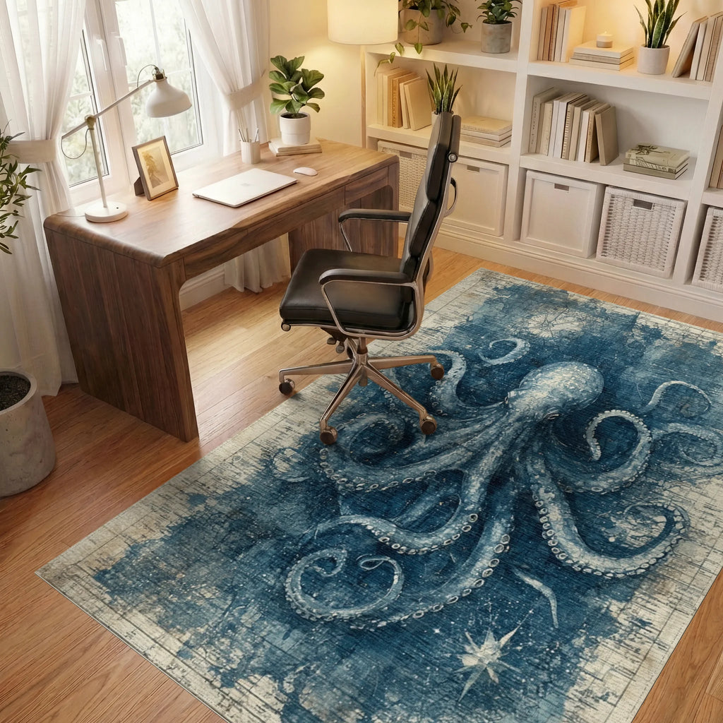 Vintage Teal Octopus Map Rug Office View