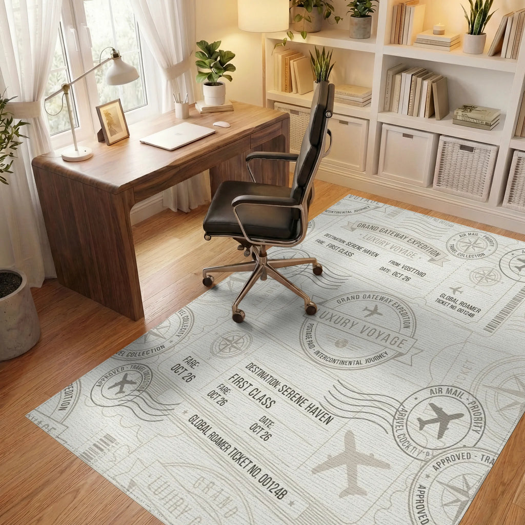 Vintage Travel Stamp Airplane Motif Rug Office View
