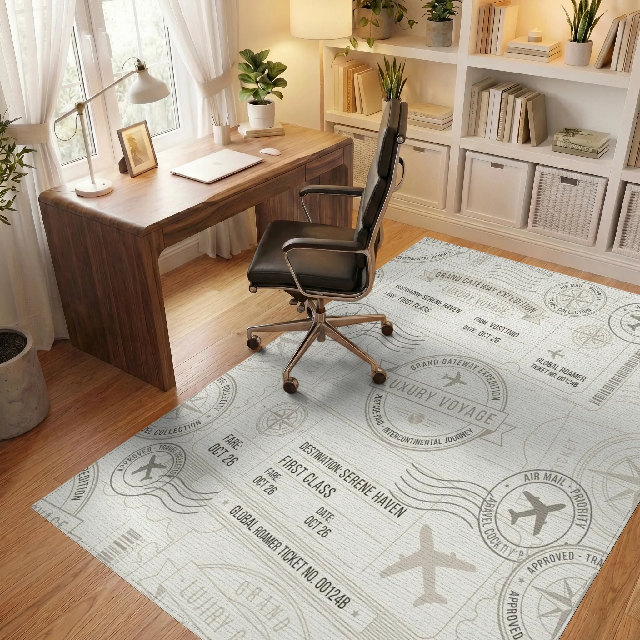 Vintage Travel Stamp Airplane Motif Rug Office View