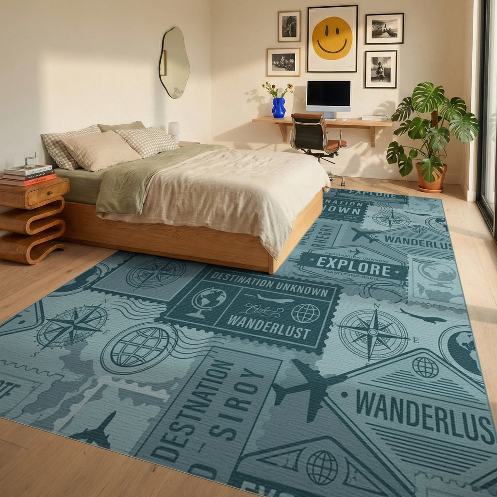 Vintage Travel Stamp Collage Rug Bedroom View