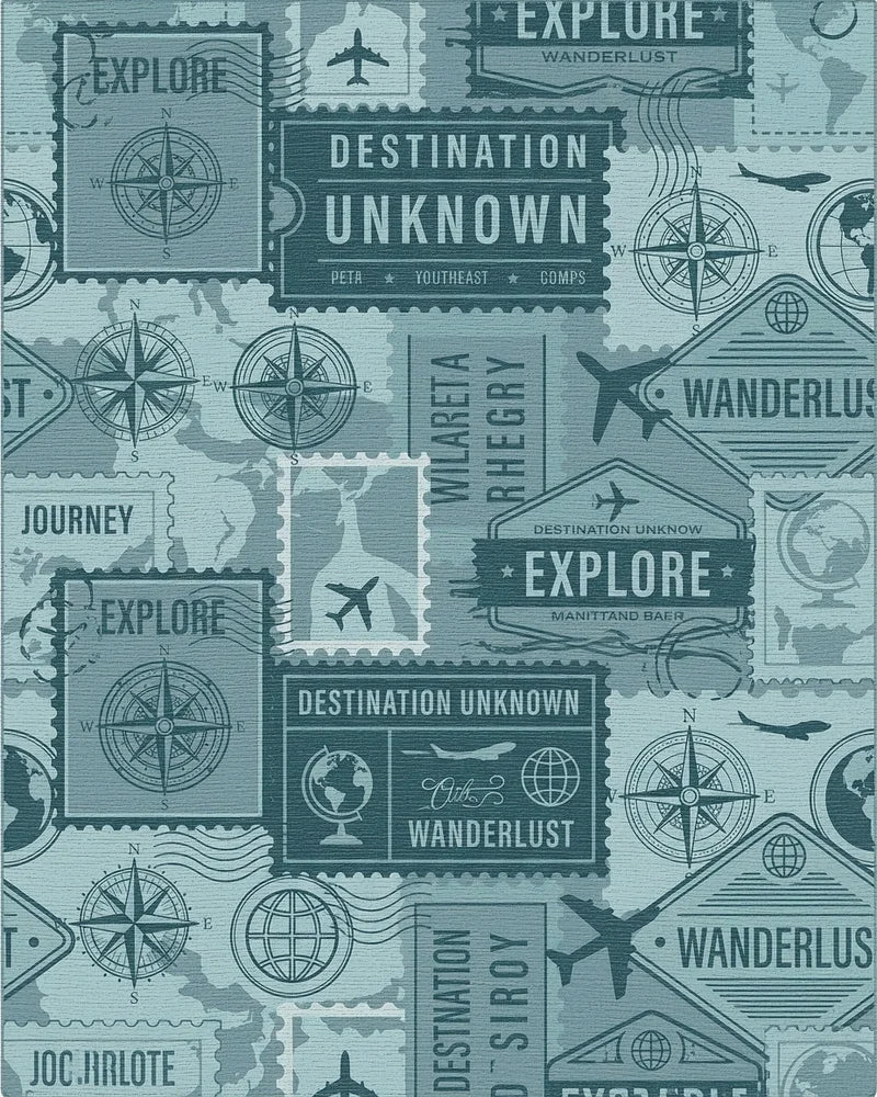 Vintage Travel Stamp Collage Rug - Cutout View