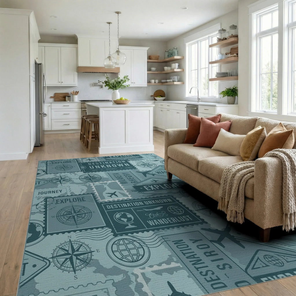Vintage Travel Stamp Collage Rug Living Room View