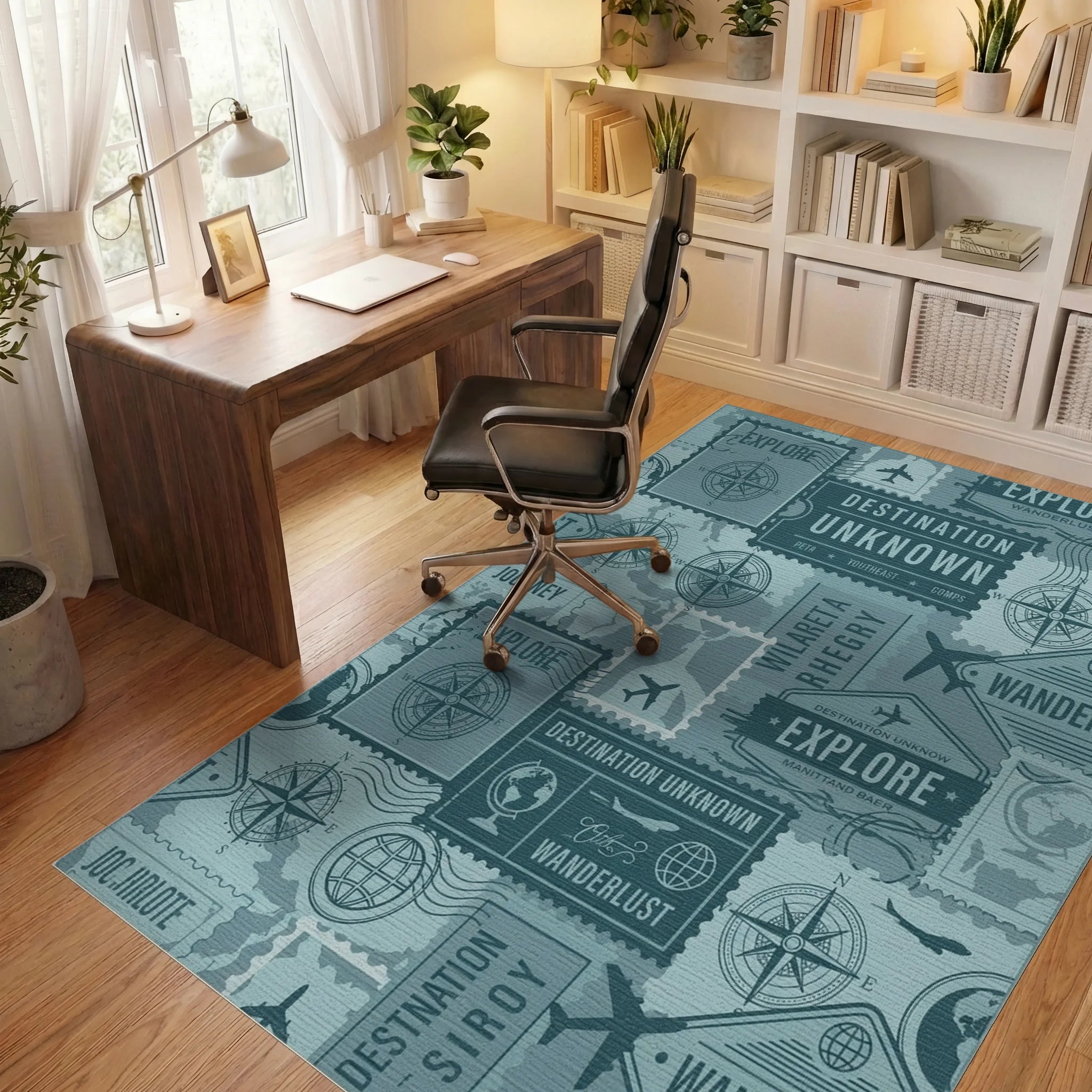 Vintage Travel Stamp Collage Rug Office View