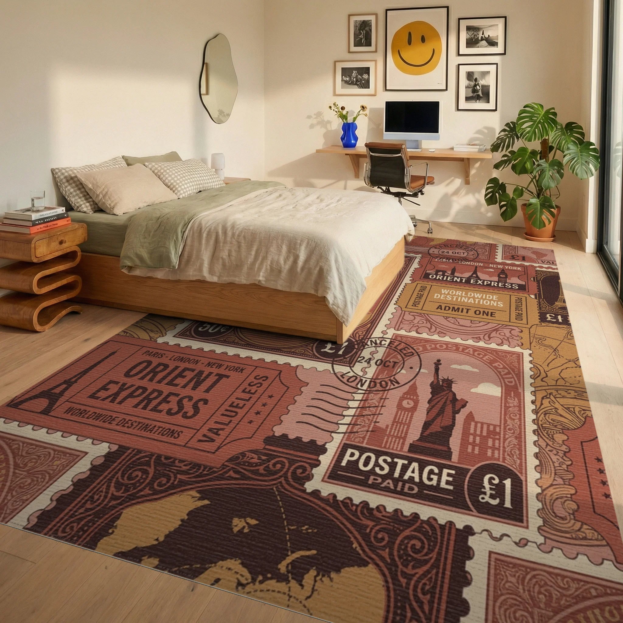 Vintage Travel Stamp Collage Rug Bedroom View