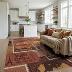 Vintage Travel Stamp Collage Rug Living Room View