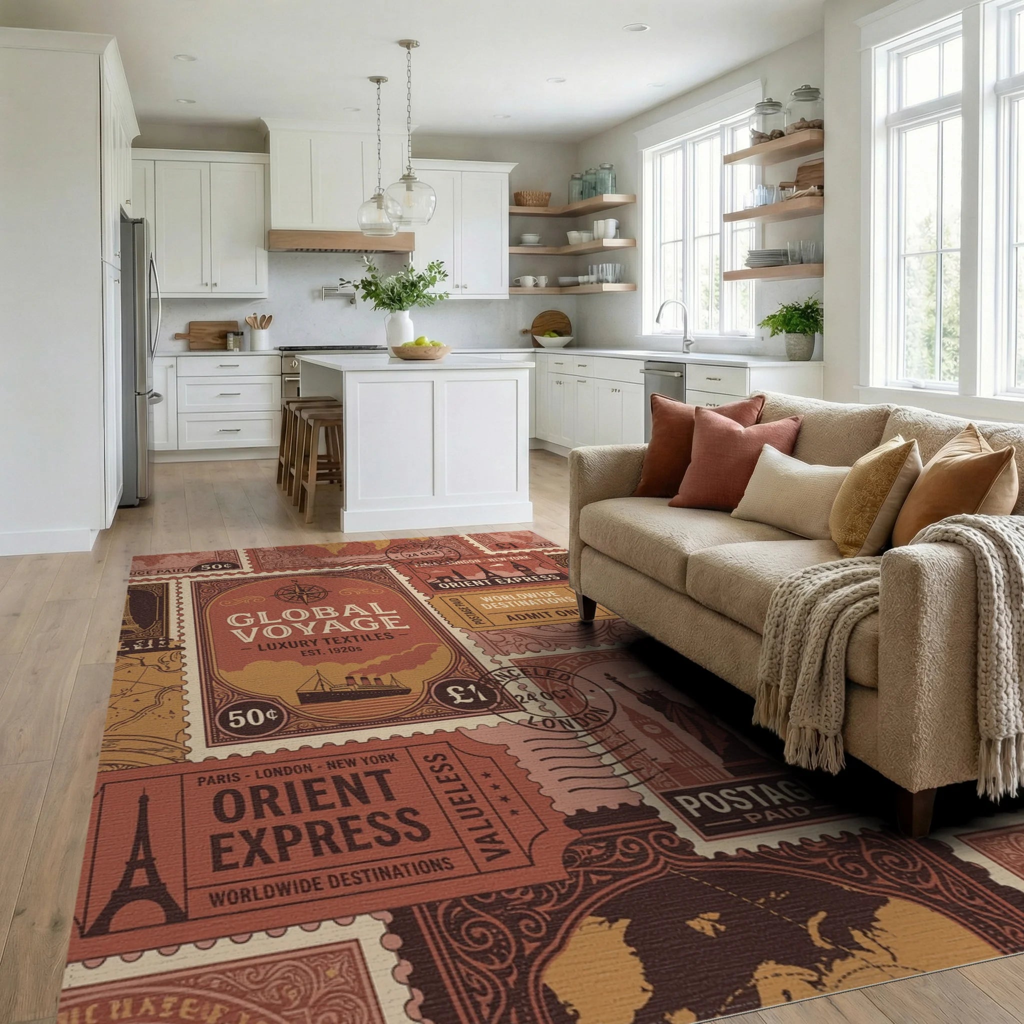 Vintage Travel Stamp Collage Rug Living Room View