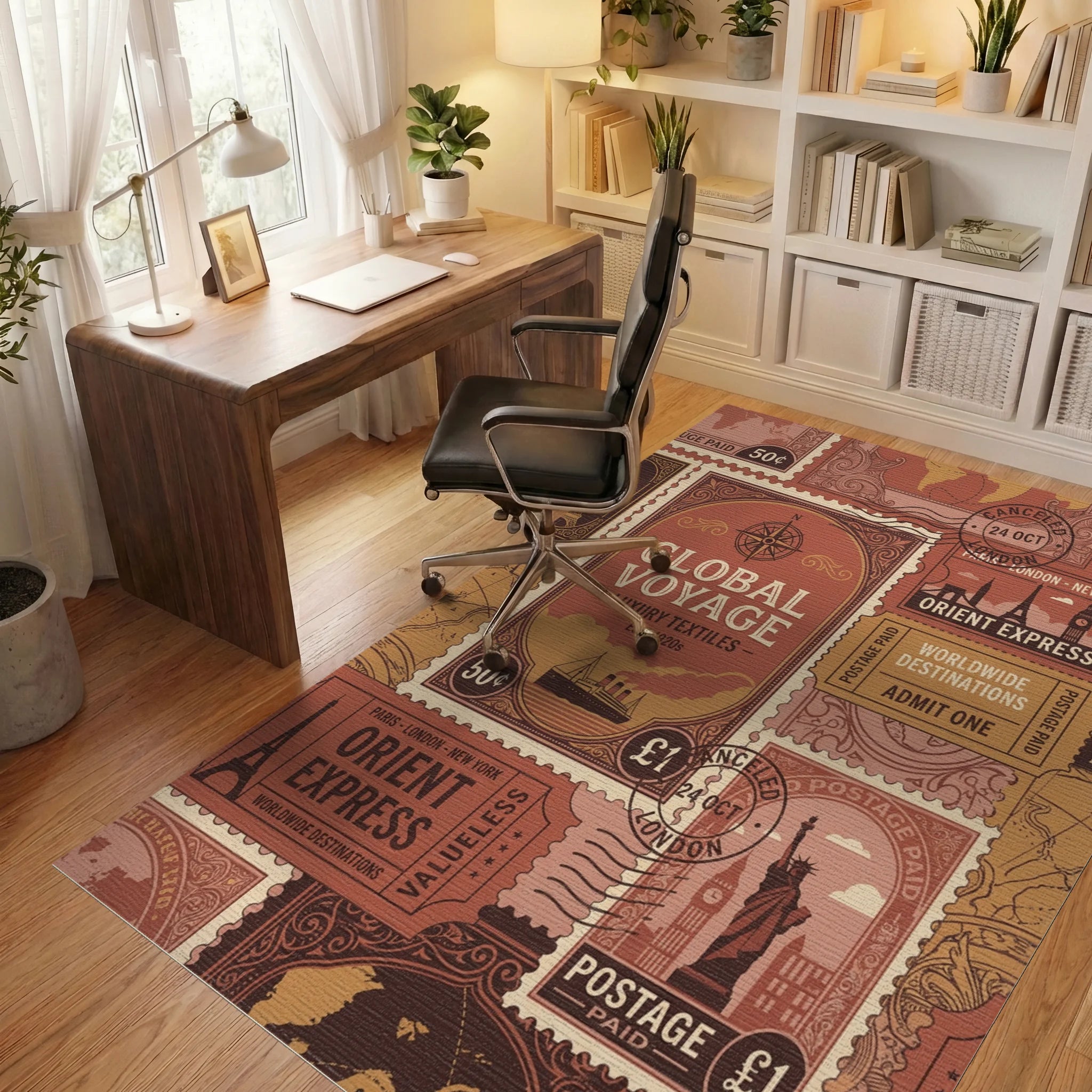 Vintage Travel Stamp Collage Rug Office View