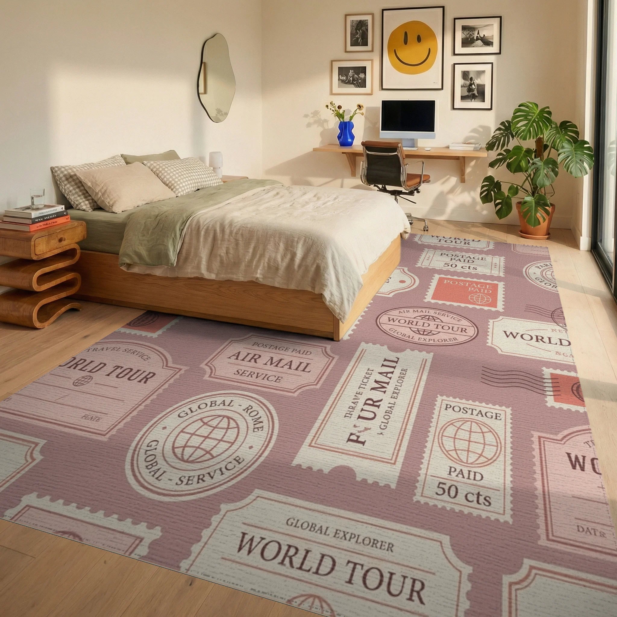 Vintage Travel Ticket Collage Rug Bedroom View
