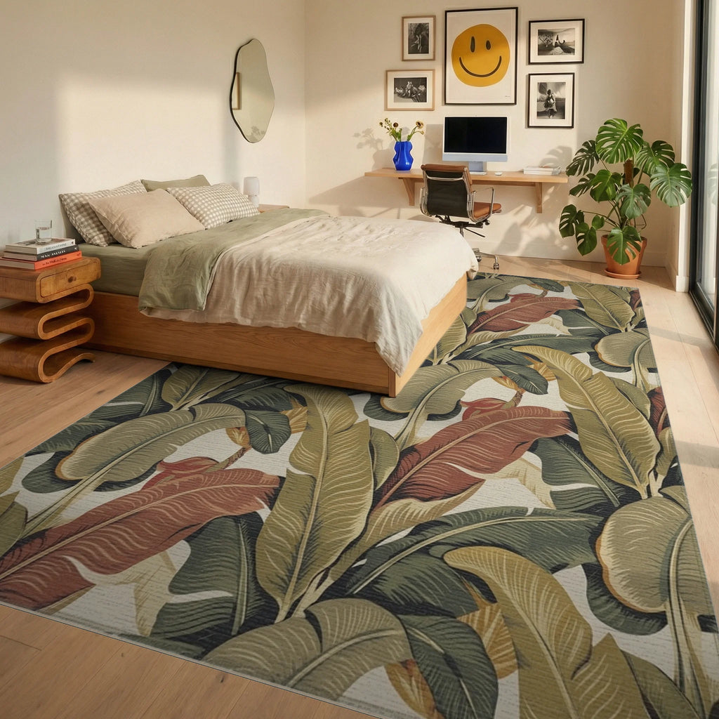 Vintage Tropical Banana Leaf Arrangement Rug Bedroom View