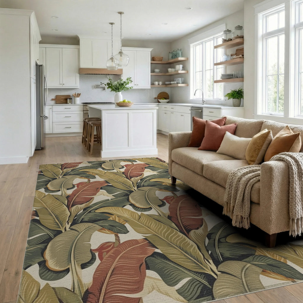 Vintage Tropical Banana Leaf Arrangement Rug Living Room View
