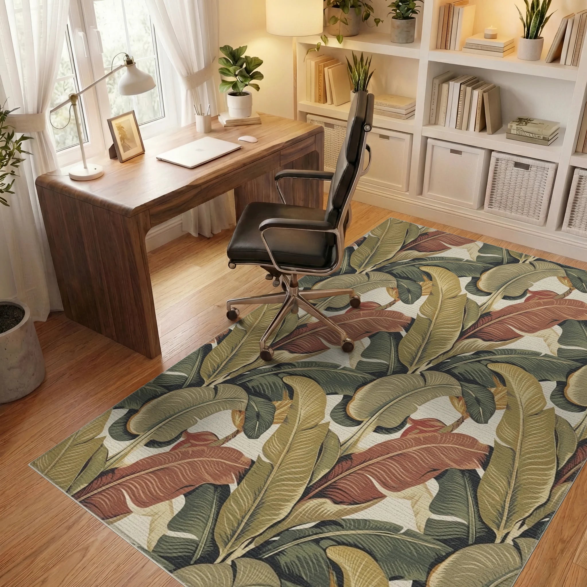 Vintage Tropical Banana Leaf Arrangement Rug Office View