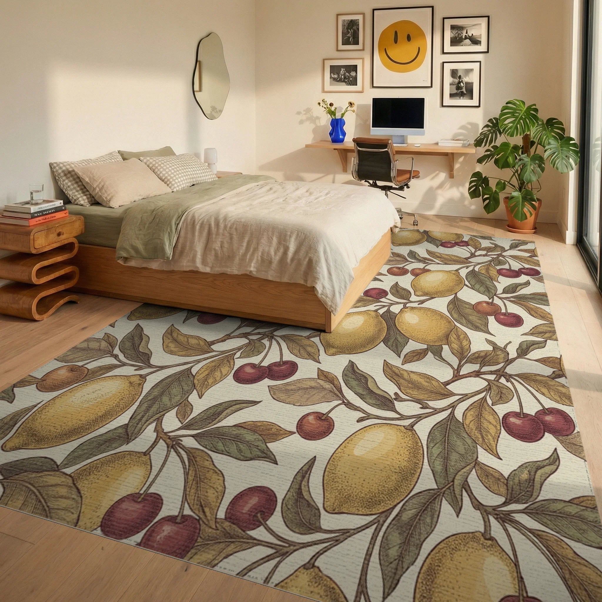 Vintage Yellow Lemon Cherry Branches Rug Bedroom View