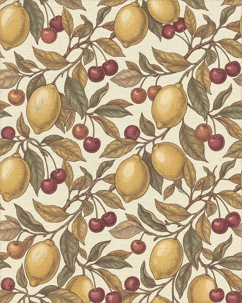 Vintage Yellow Lemon Cherry Branches Rug - Cutout View