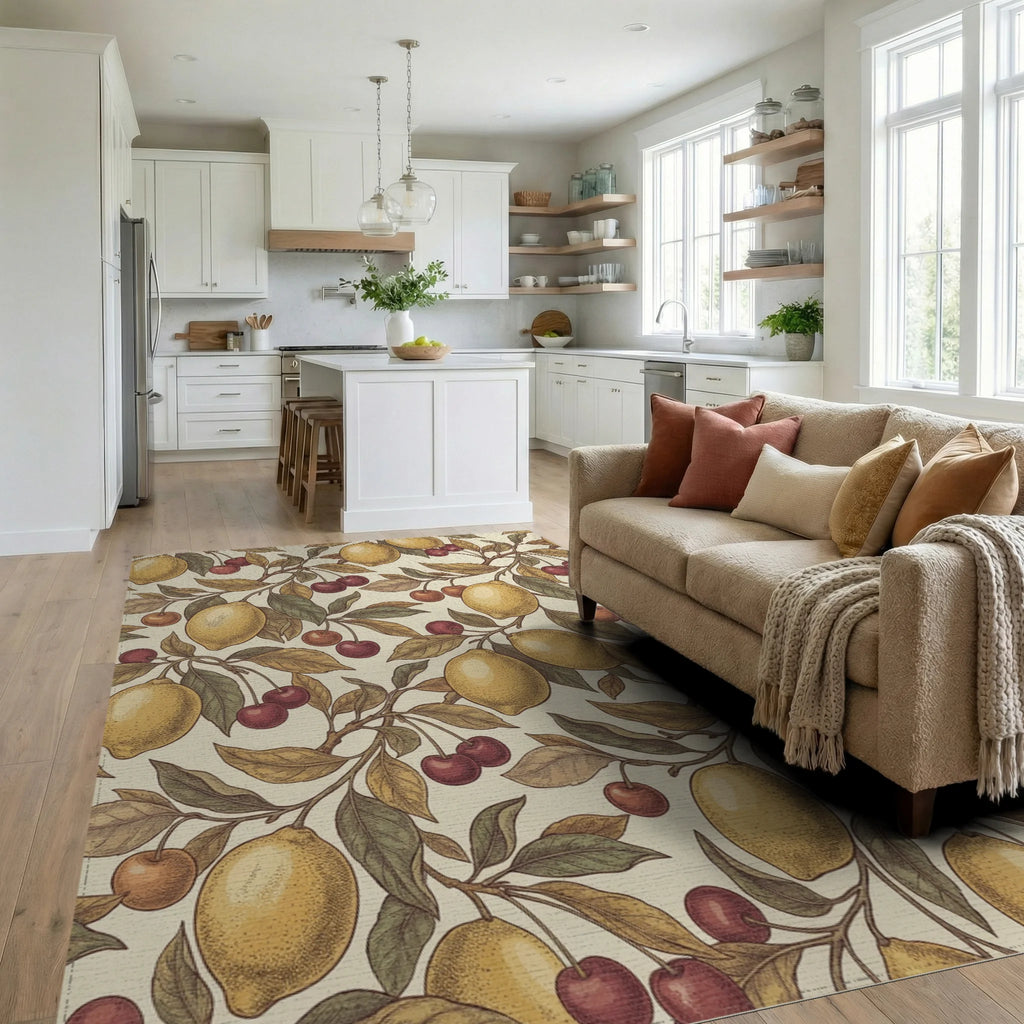 Vintage Yellow Lemon Cherry Branches Rug Living Room View