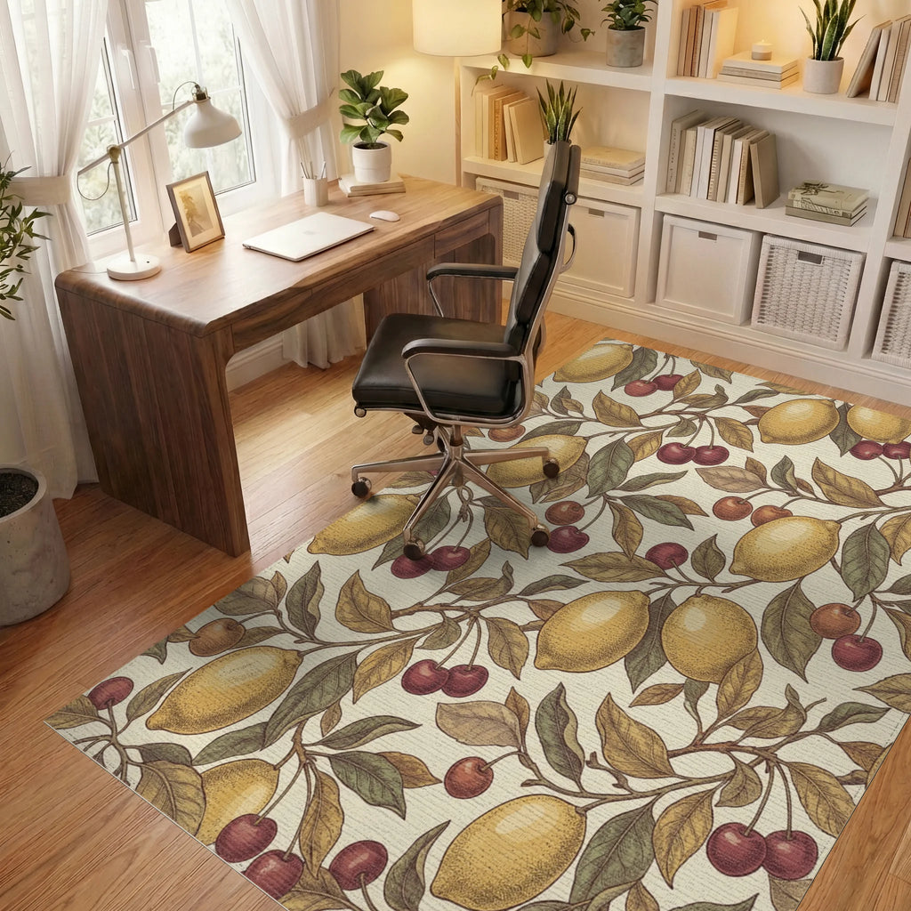 Vintage Yellow Lemon Cherry Branches Rug Office View