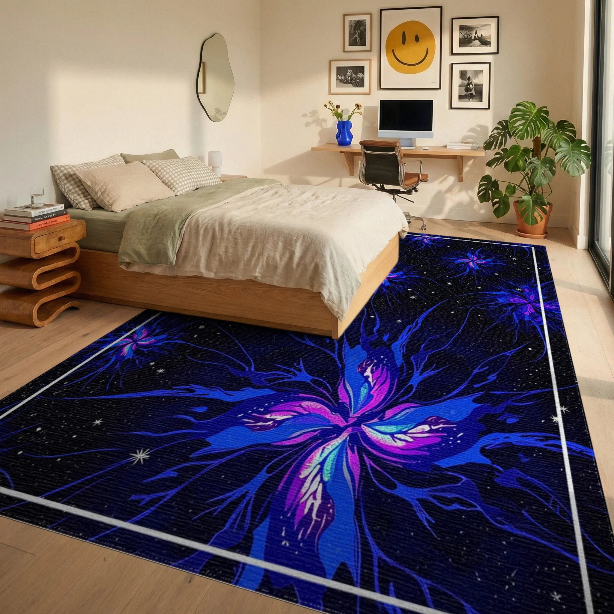 Vivid Blue Nebula Starburst Floral Rug Bedroom View