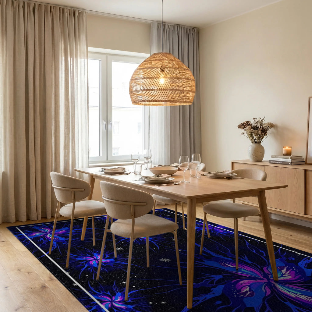 Vivid Blue Nebula Starburst Floral Rug Dining Room View