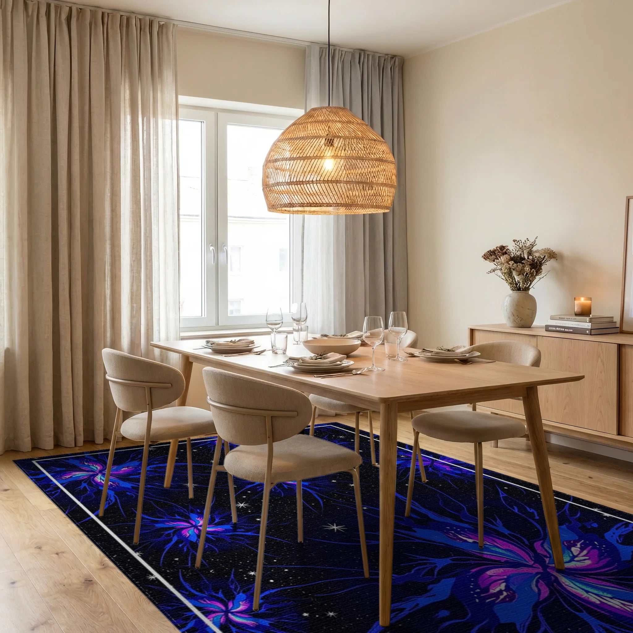 Vivid Blue Nebula Starburst Floral Rug Dining Room View