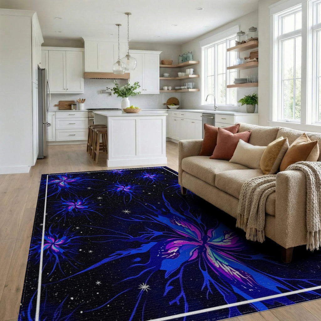 Vivid Blue Nebula Starburst Floral Rug Living Room View