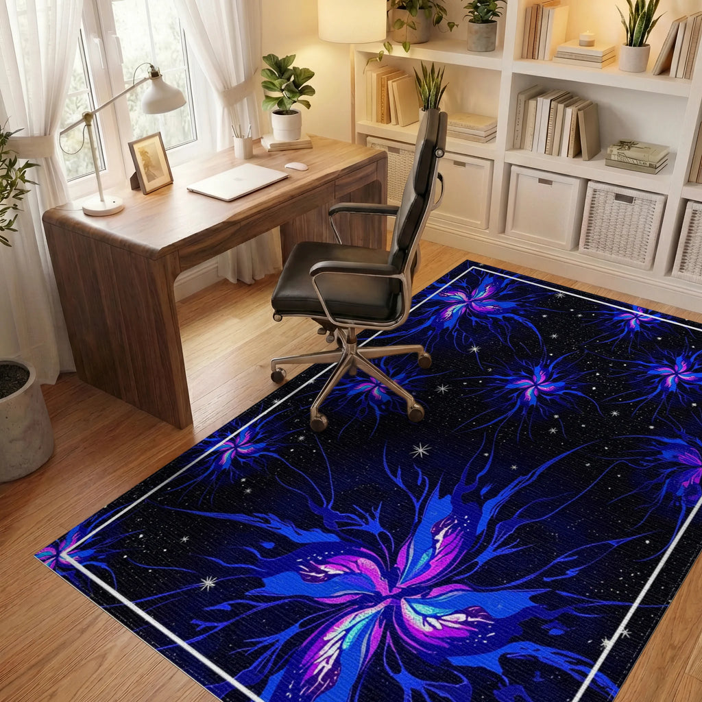 Vivid Blue Nebula Starburst Floral Rug Office View