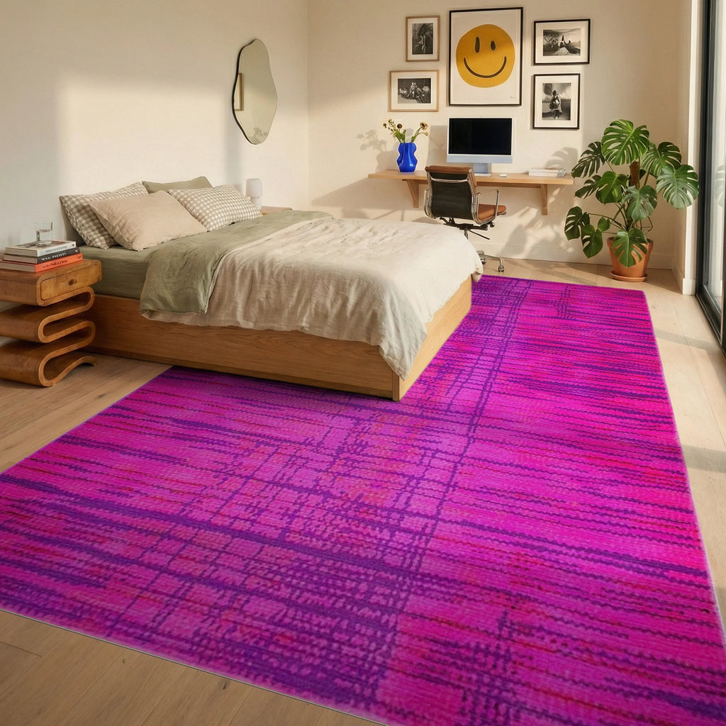 Vivid Fuchsia Abstract Stripe Rug - Bedroom View