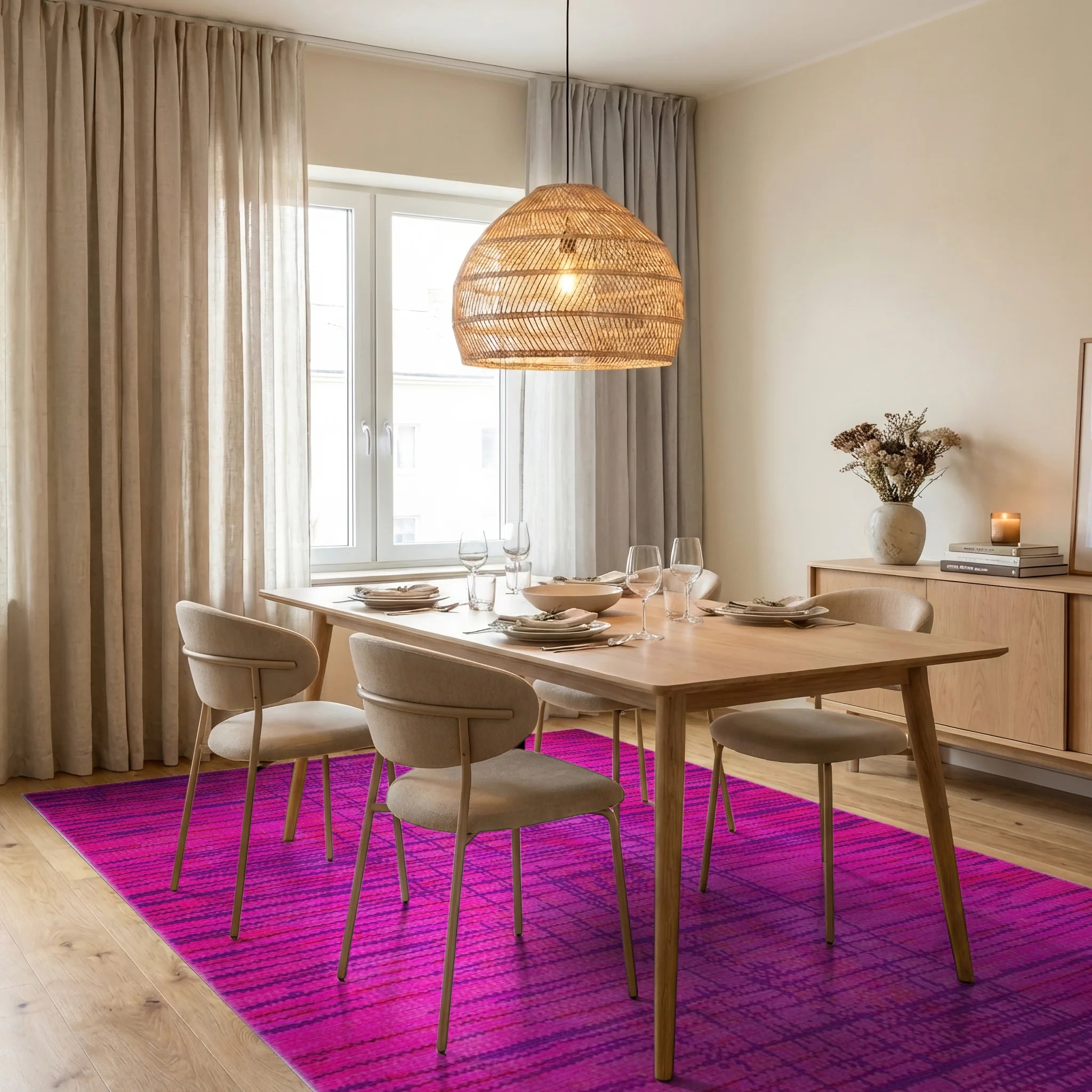 Vivid Fuchsia Abstract Stripe Rug - Dining Room View