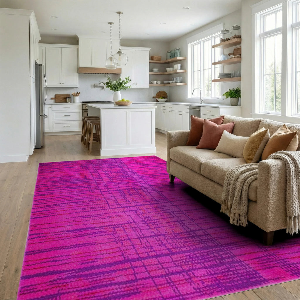 Vivid Fuchsia Abstract Stripe Rug - Living Room View