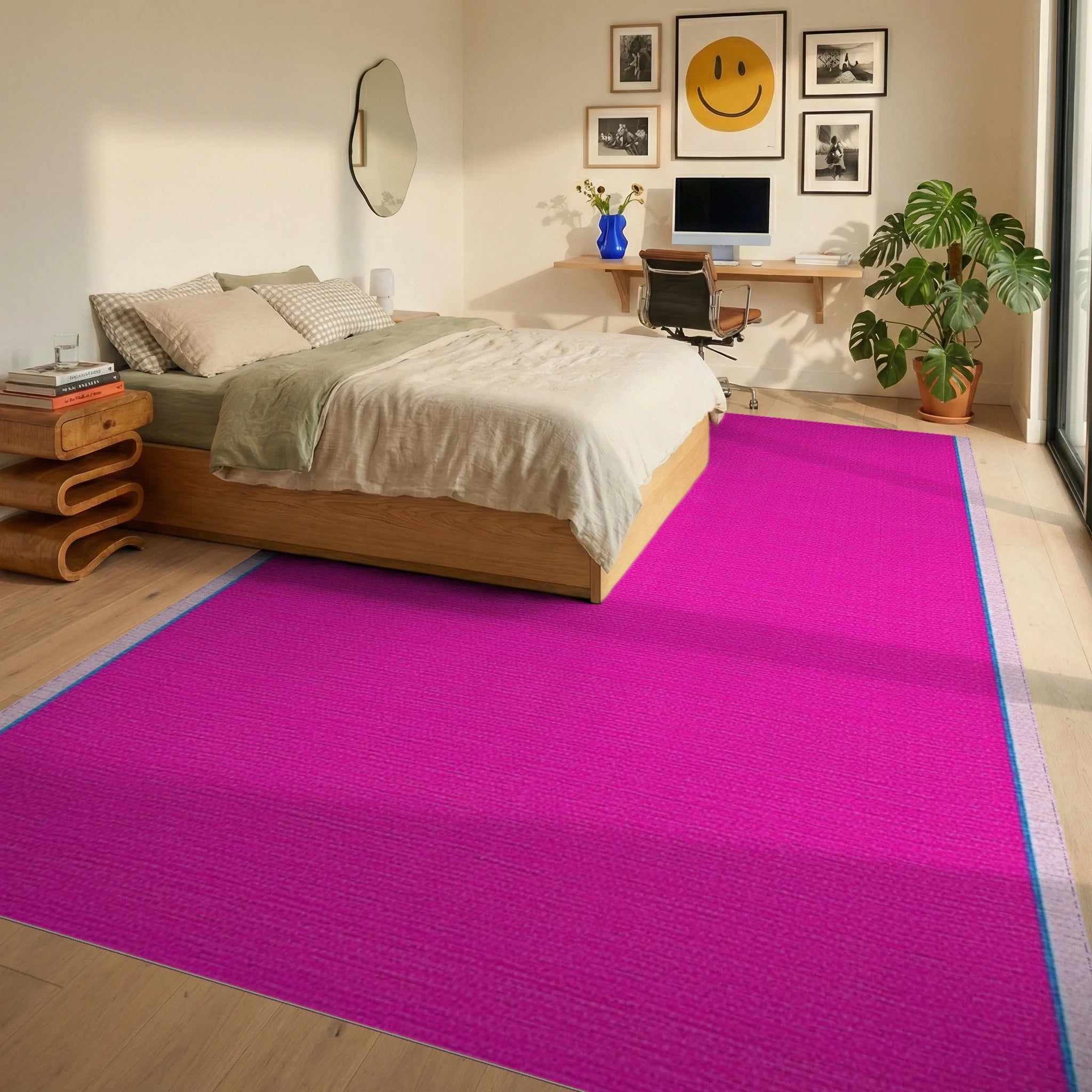 Vivid Fuchsia Textured Border Rug - Bedroom View